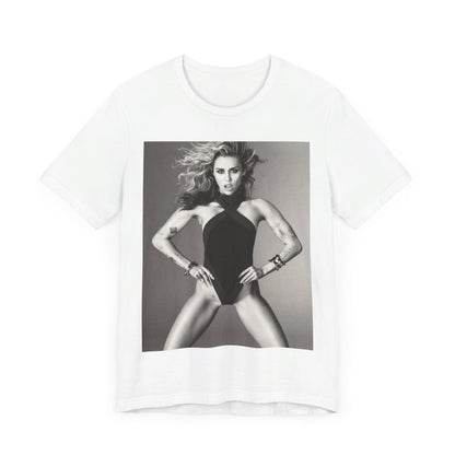 A black graphic t-shirt featuring a bold graphic of Miley Cyrus as a pop superstar.