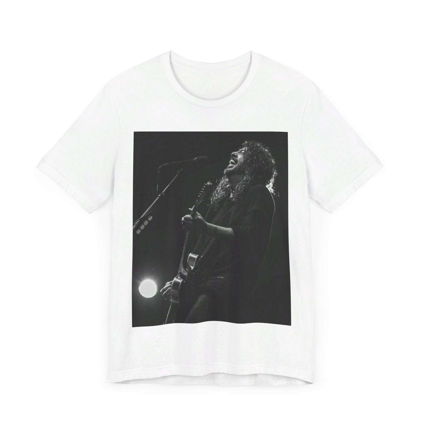 A black graphic t-shirt featuring a graphic of Dave Grohl from Foo Fighters as a rock legend.