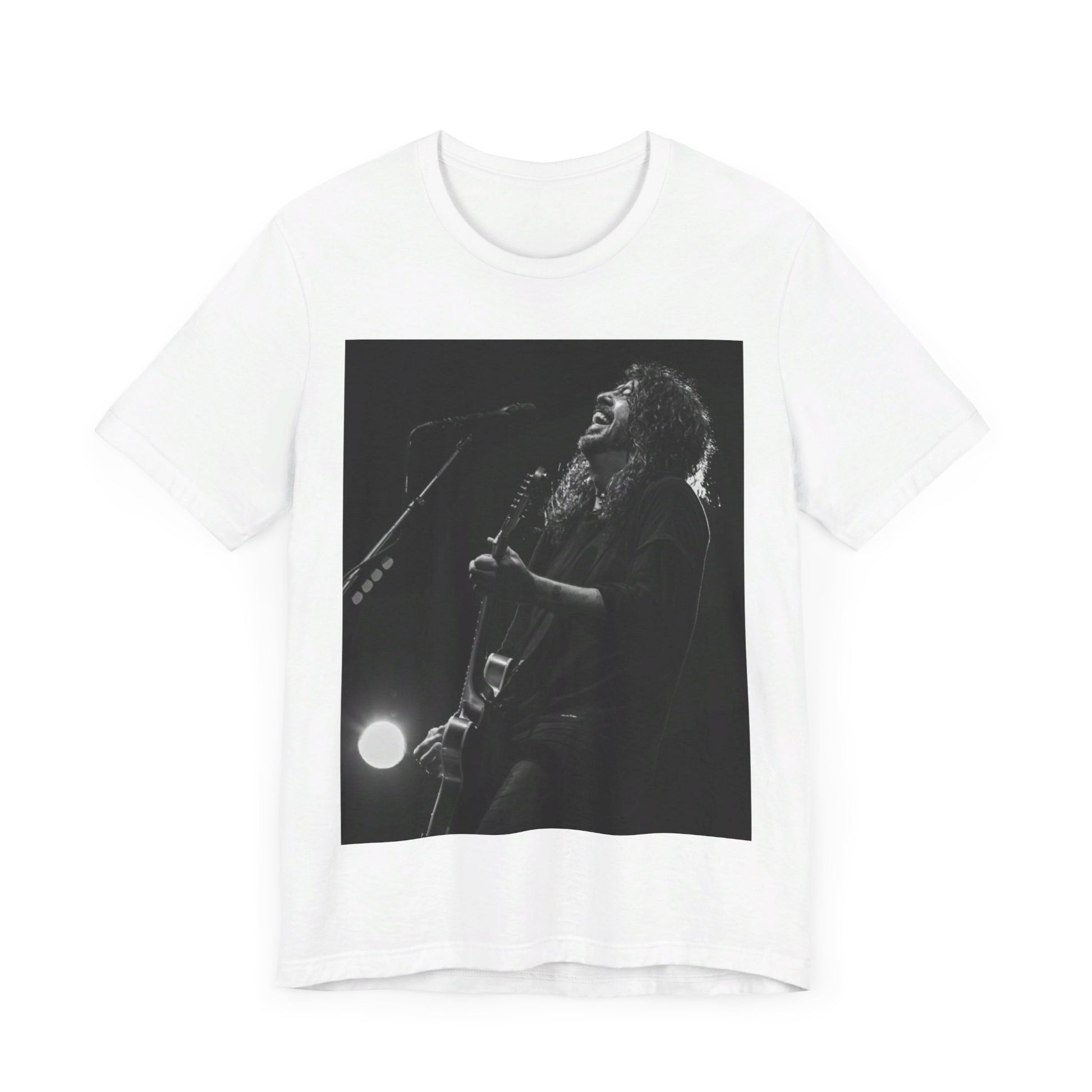 A black graphic t-shirt featuring a graphic of Dave Grohl from Foo Fighters as a rock legend.