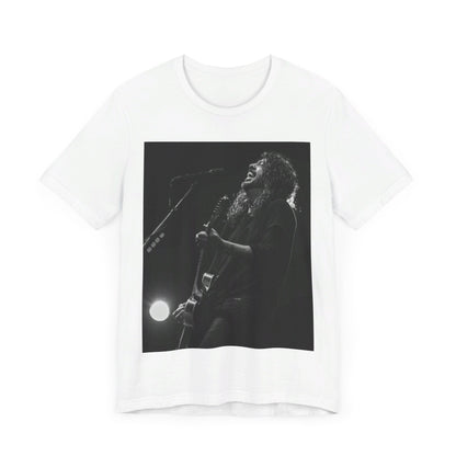 A black graphic t-shirt featuring a graphic of Dave Grohl from Foo Fighters as a rock legend.