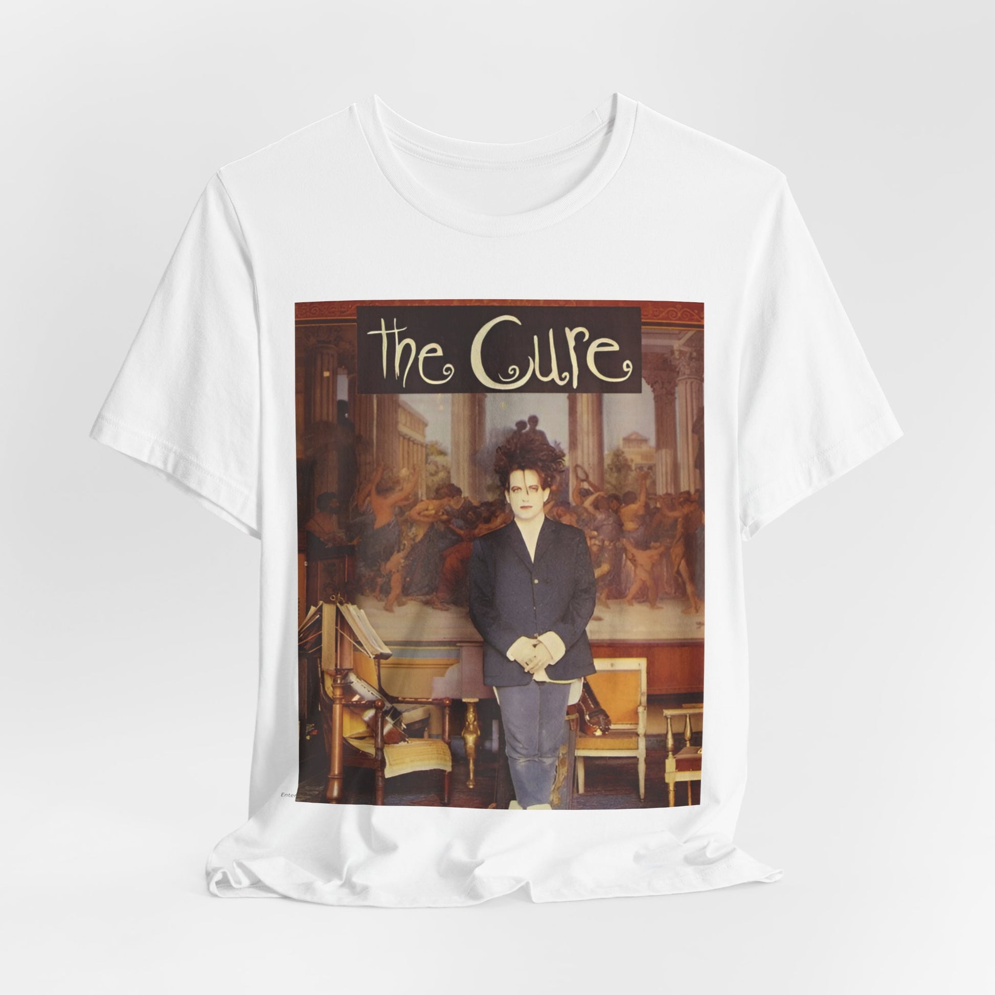 A black graphic t-shirt featuring a graphic of Robert Smith from The Cure as a goth icon.