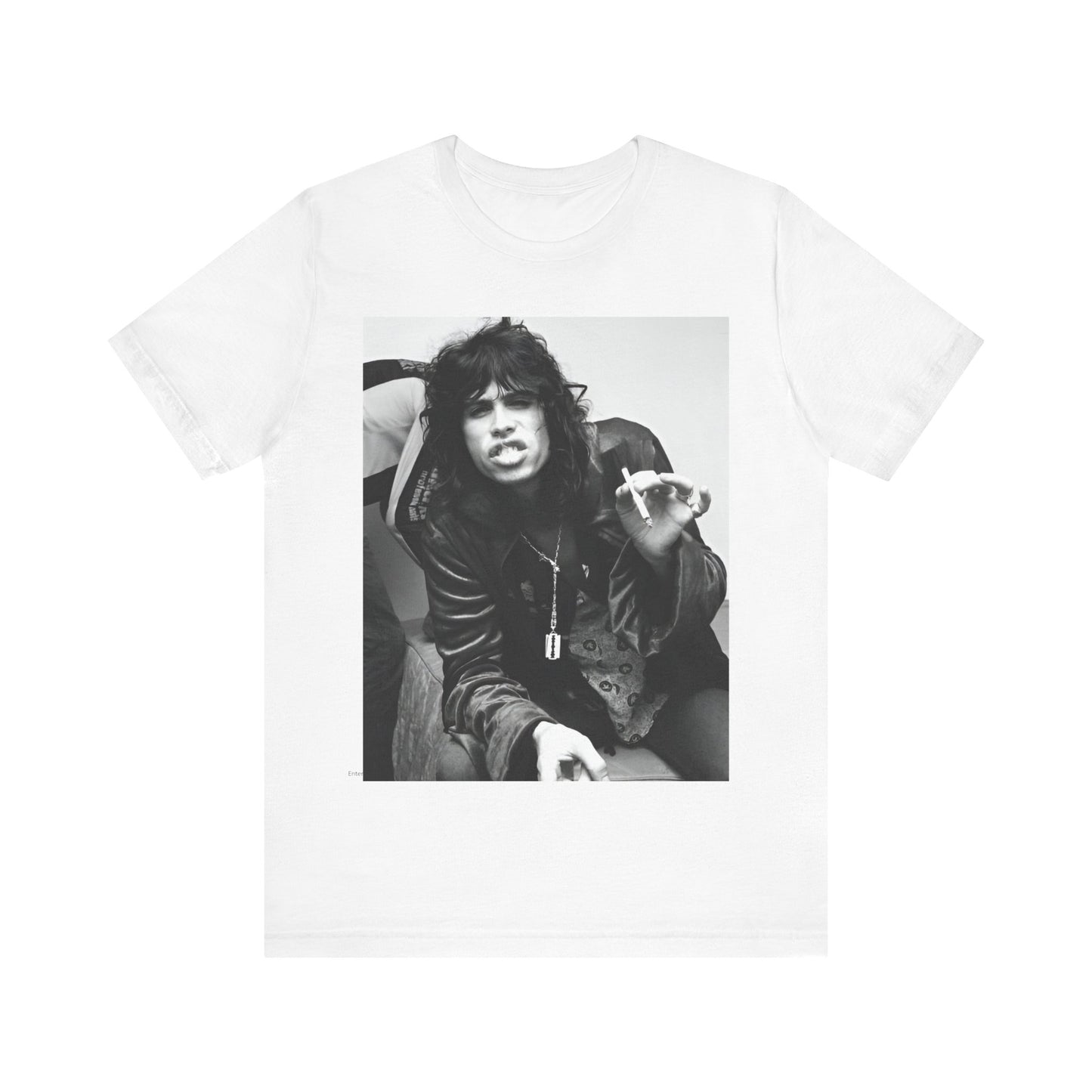 A black graphic t-shirt featuring a retro 70s photo of Aerosmith band members lounging in leather, exuding a cool, classic rock vibe.