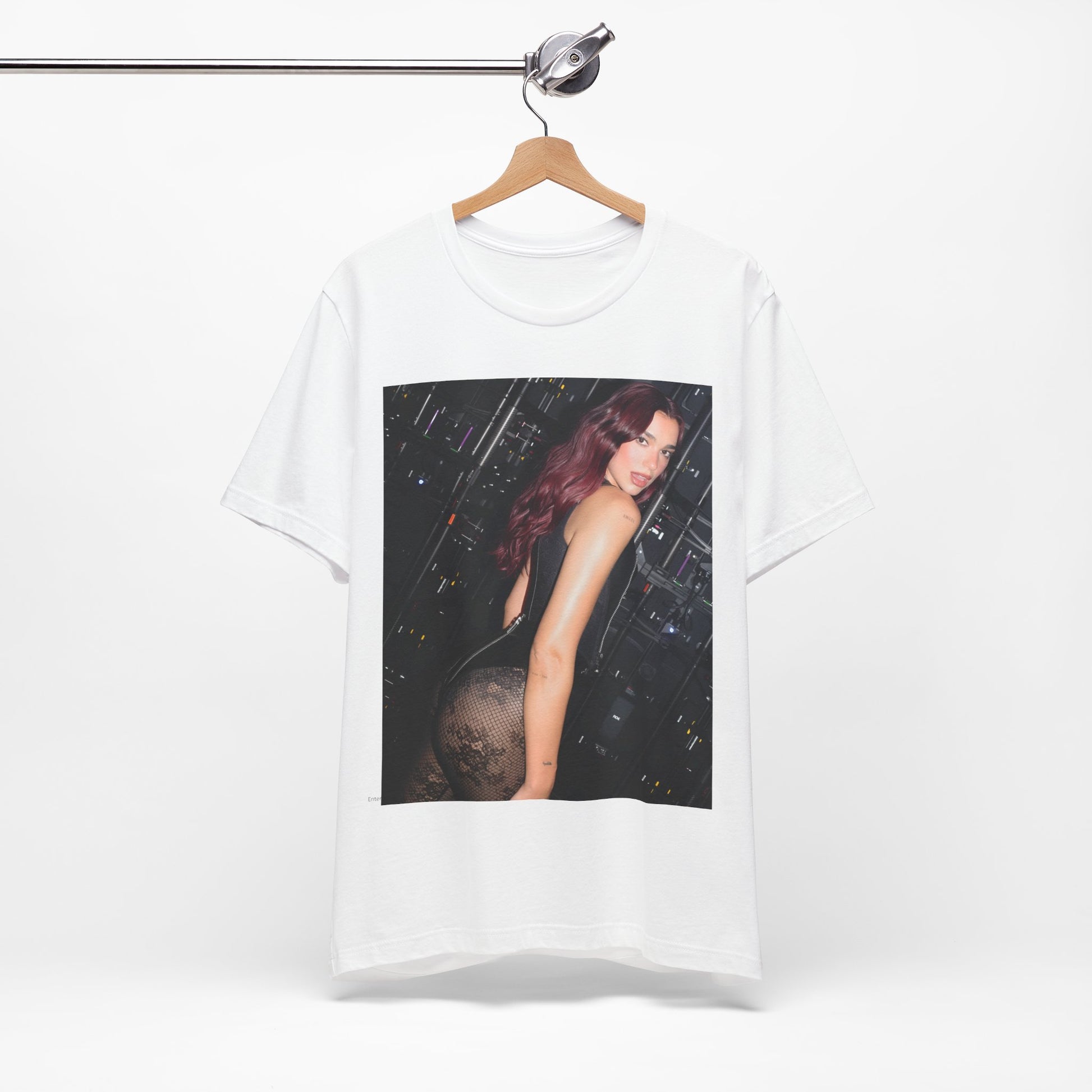 A black graphic t-shirt featuring a graphic related to Dua Lipa's "Houdini" new era.