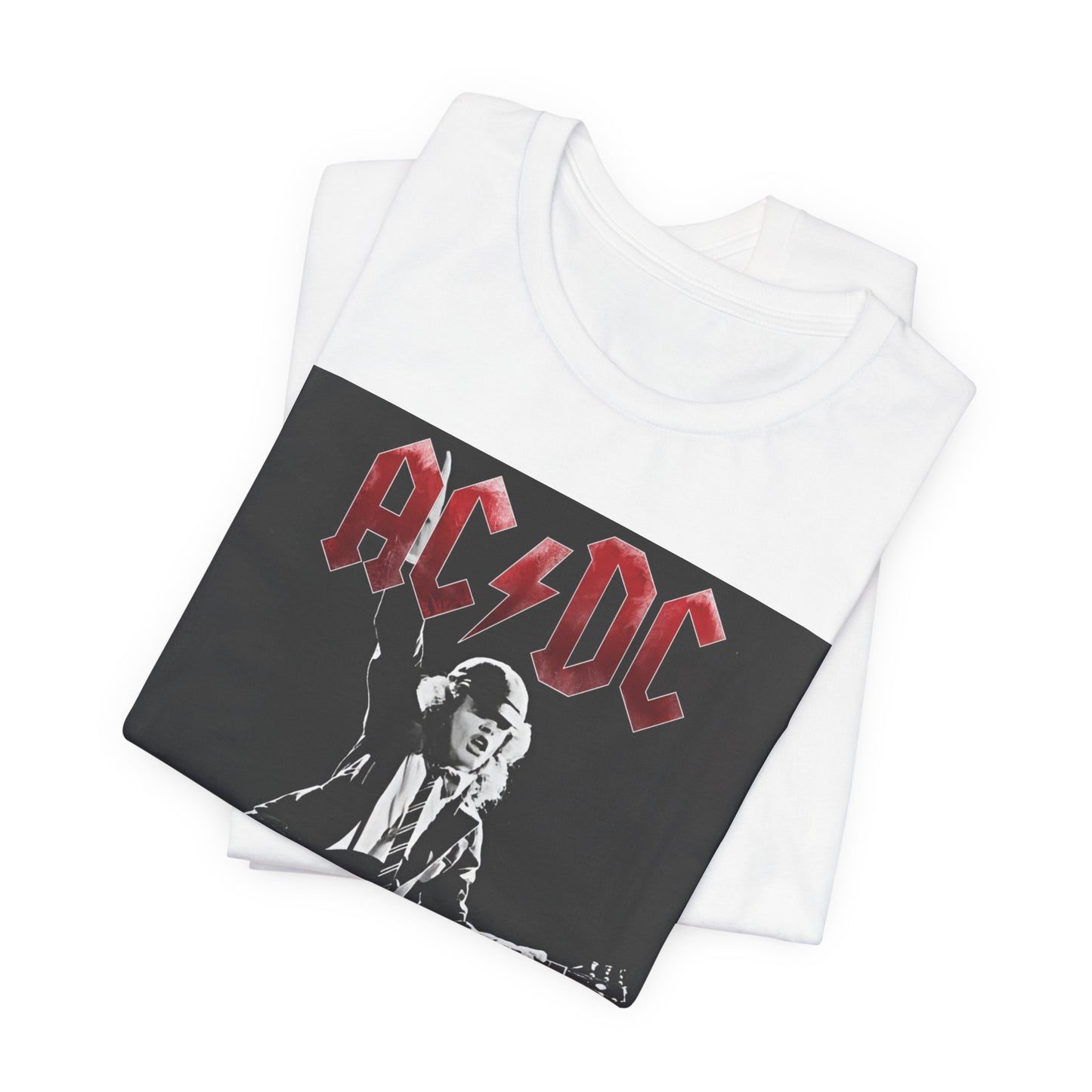 A black and white graphic t-shirt featuring AC/DC band members in a stylized, aesthetic composition, possibly with a grunge or vintage filter.