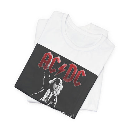 A black and white graphic t-shirt featuring AC/DC band members in a stylized, aesthetic composition, possibly with a grunge or vintage filter.