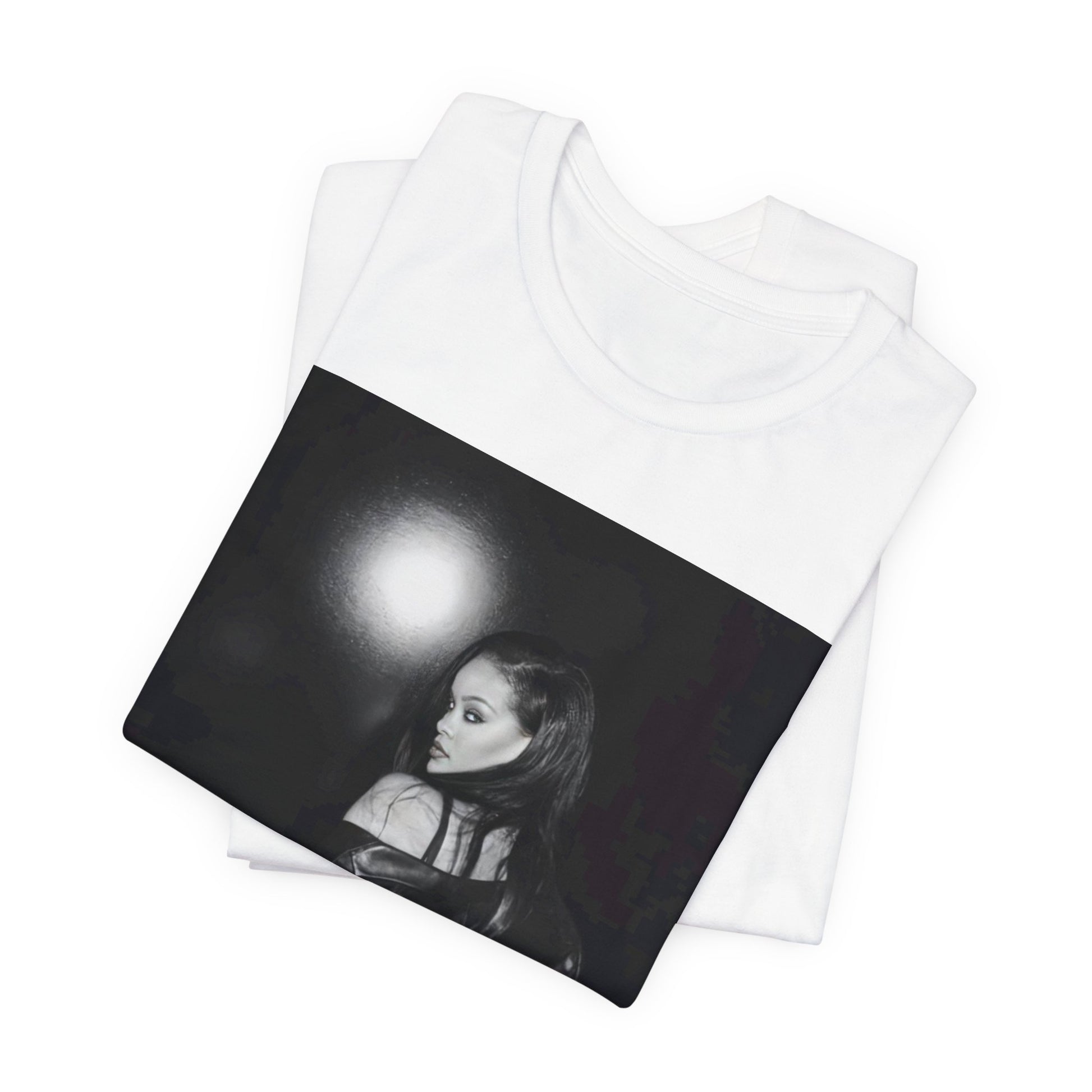 A black graphic t-shirt featuring a black and white sexy graphic of Rihanna.