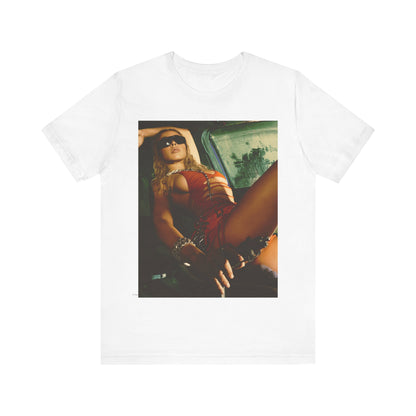 A black graphic t-shirt featuring a graphic of Tinashe as a hot R&B superstar.