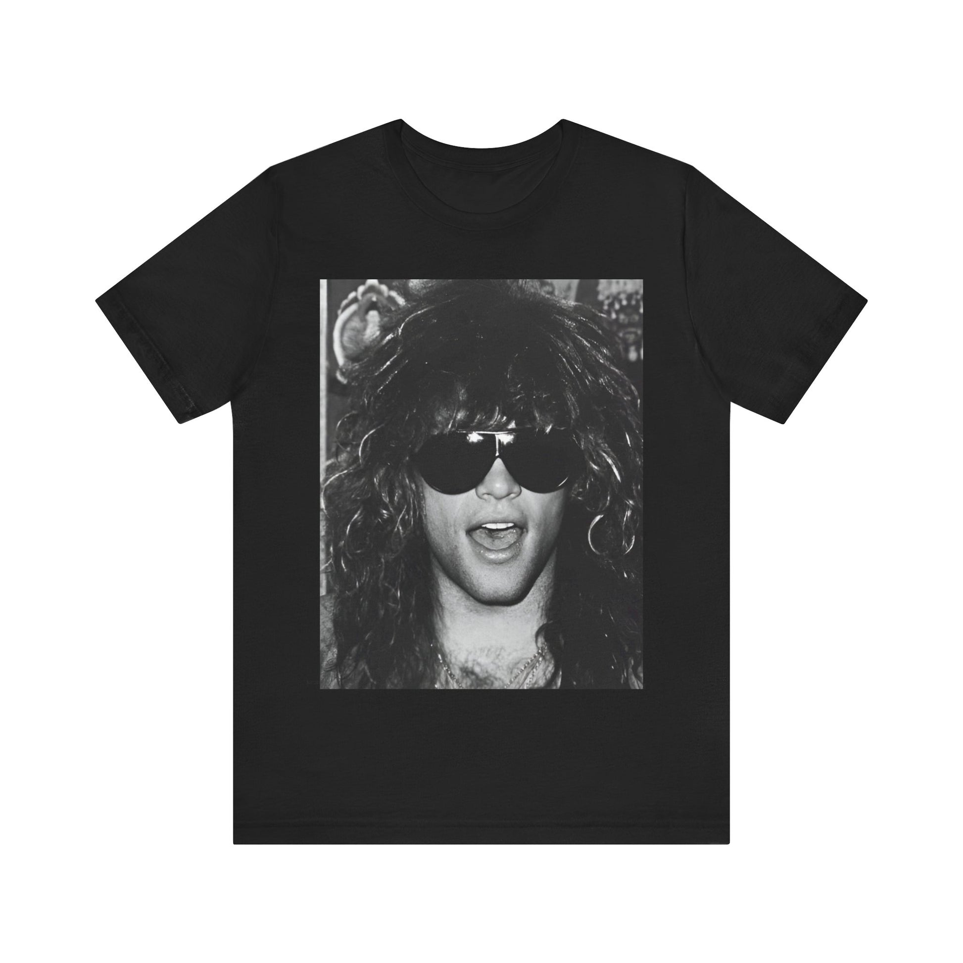 A black graphic t-shirt featuring a graphic or photo of Bon Jovi in a backstage setting.