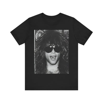 A black graphic t-shirt featuring a graphic or photo of Bon Jovi in a backstage setting.