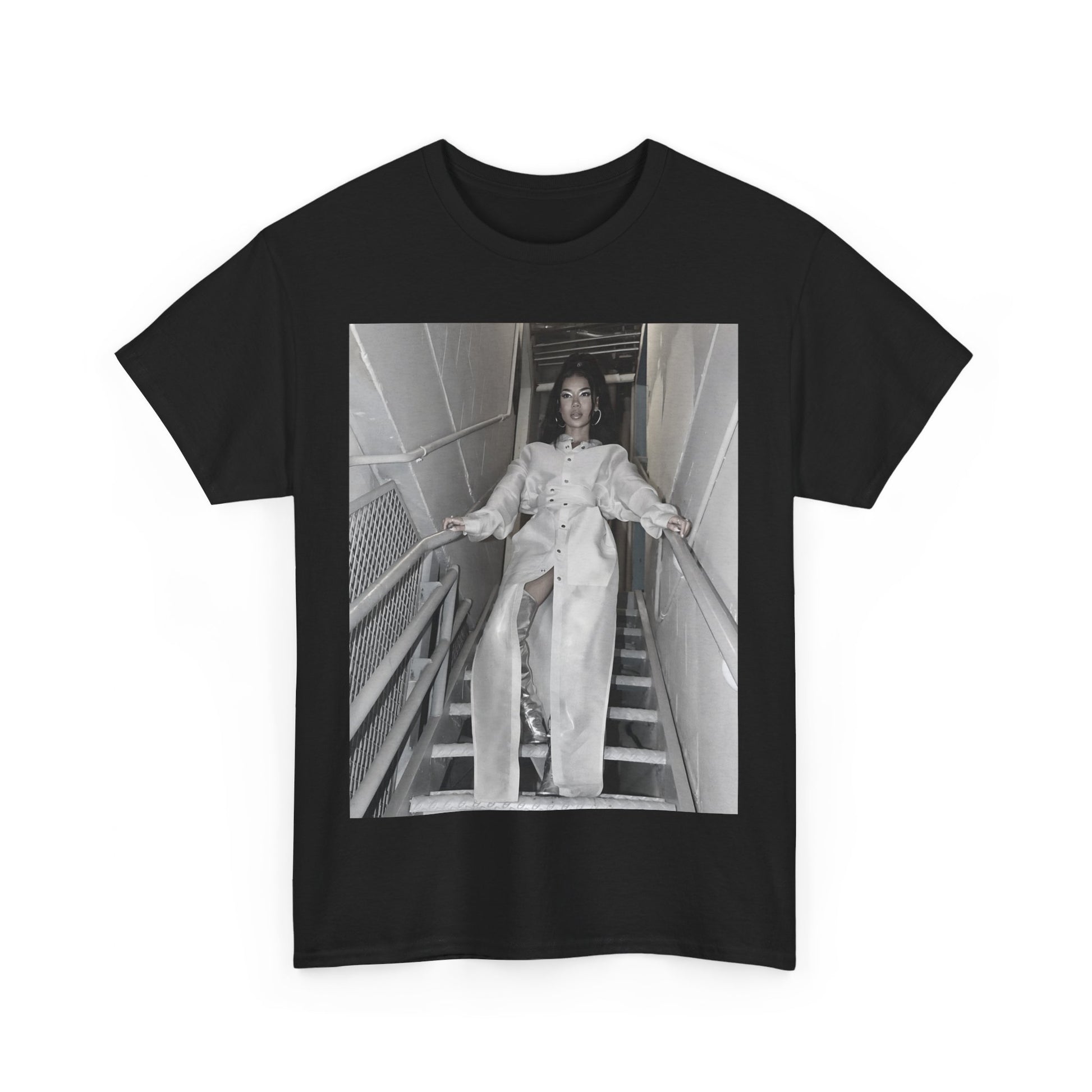 A black graphic t-shirt featuring a graphic or photo of Jhene Aiko in a backstage setting.
