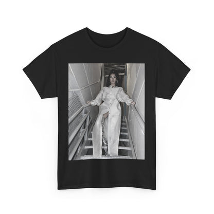 A black graphic t-shirt featuring a graphic or photo of Jhene Aiko in a backstage setting.