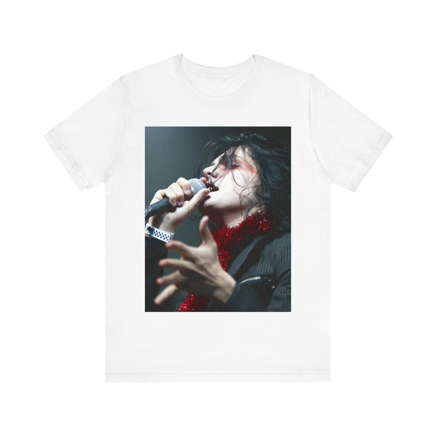 A black graphic t-shirt featuring an emo graphic of Gerard Way from My Chemical Romance.