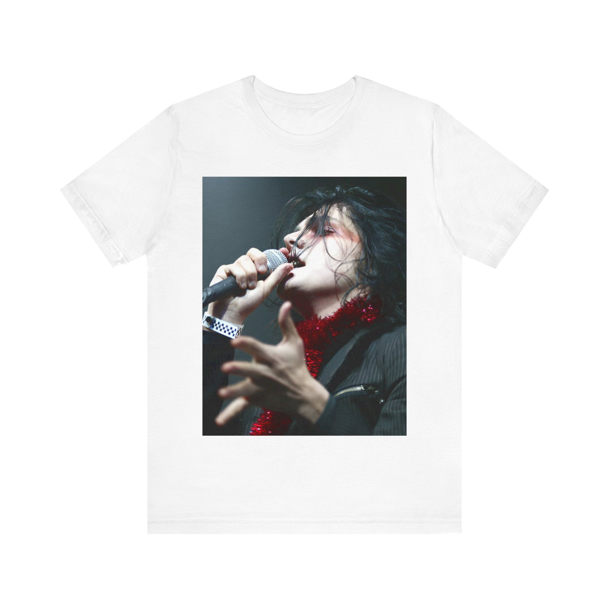 A black graphic t-shirt featuring an emo graphic of Gerard Way from My Chemical Romance.