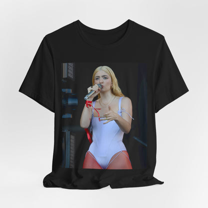 A black graphic t-shirt featuring a graphic or photo of Lorde performing on stage in a cool alternative music style.
