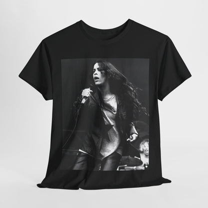 A black graphic t-shirt featuring a 90s-style concert graphic of Alanis Morissette, related to her "Jagged Little Pill" era tours.