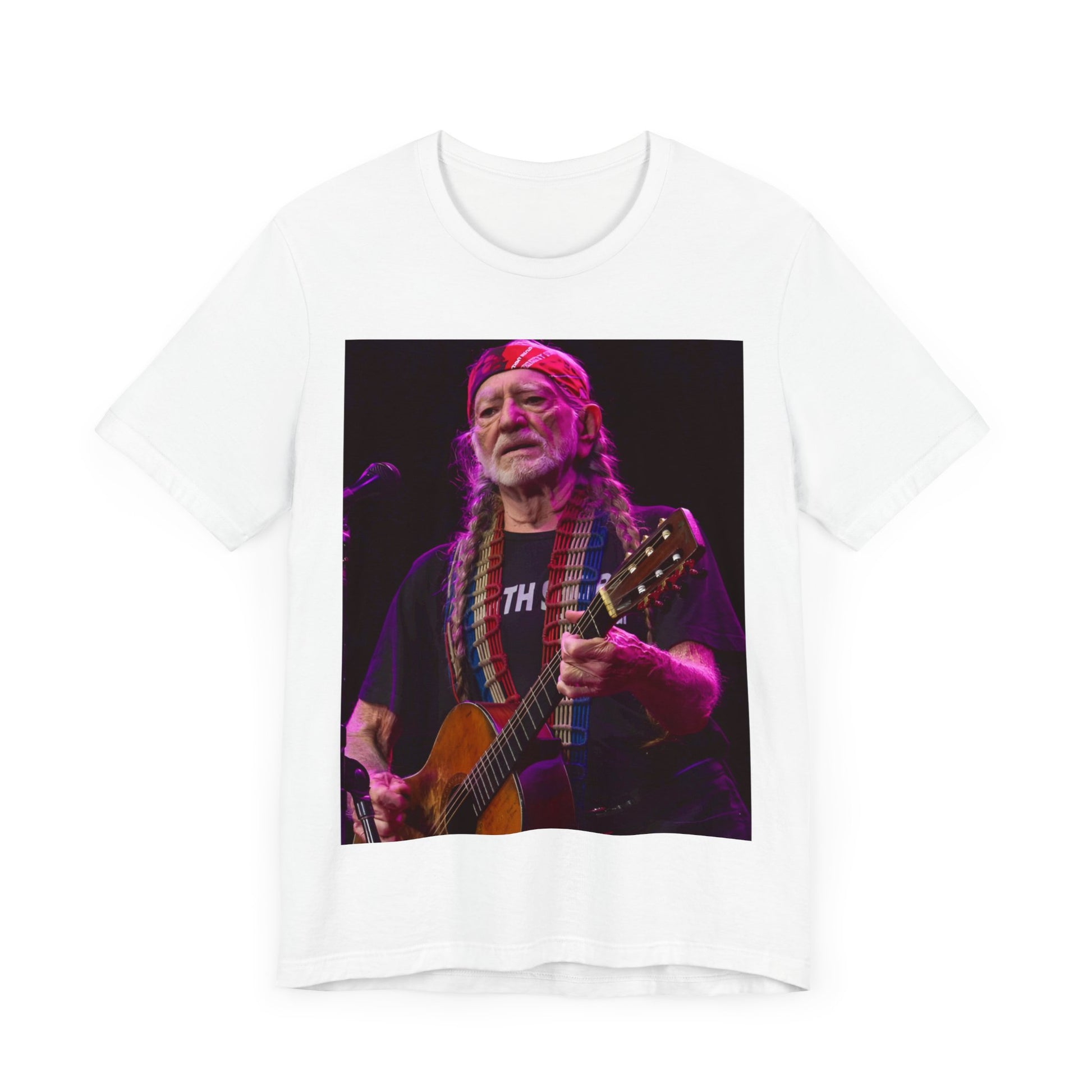 A black graphic t-shirt featuring an outlaw country legend graphic of Willie Nelson.