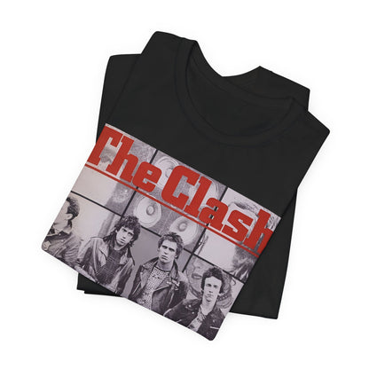 A black graphic t-shirt featuring a 70s retro punk superstar graphic of The Clash.