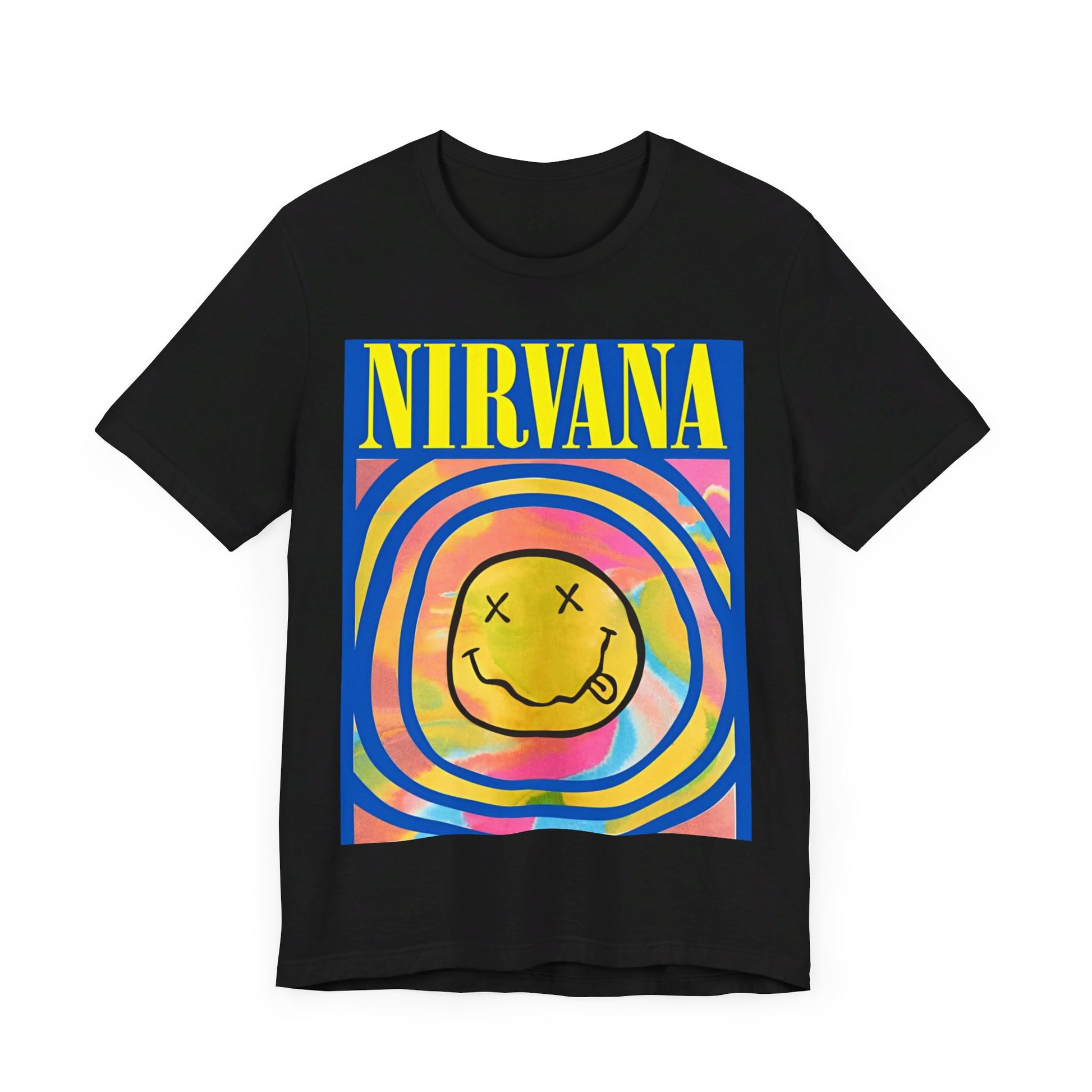 A black graphic t-shirt featuring the classic Nirvana logo.