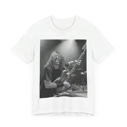 A black graphic t-shirt featuring a graphic of Dave Grohl from Foo Fighters playing guitar in concert.