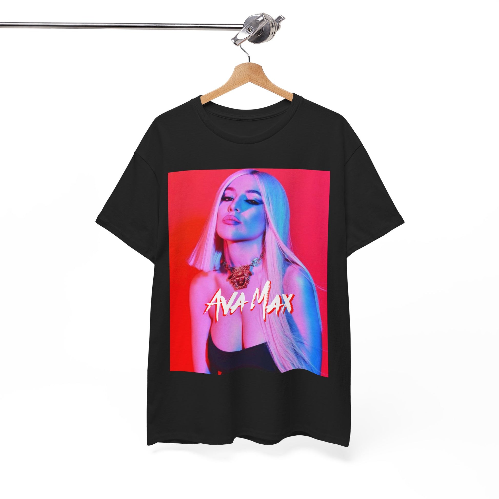 A black graphic t-shirt featuring a colorful pop art style graphic of Ava Max, with bright hues and bold lines.