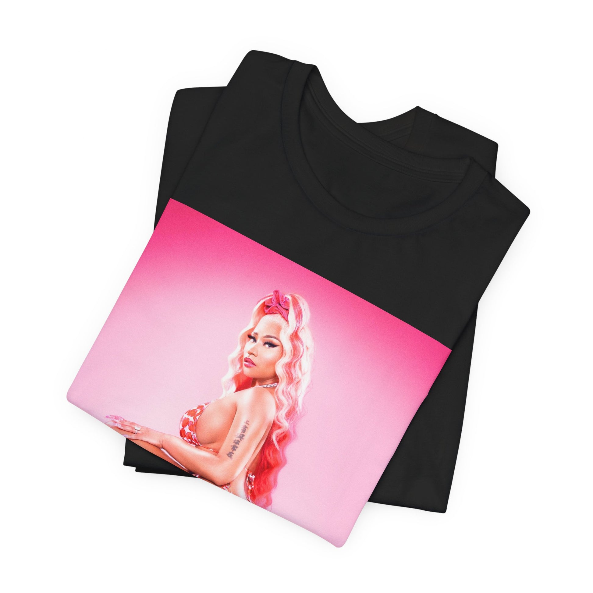 A black graphic t-shirt featuring a graphic related to Nicki Minaj's 'Anaconda' song or era.