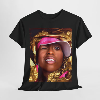 A black graphic t-shirt featuring a graphic related to Missy Elliott's 90s rap music video visionary style.