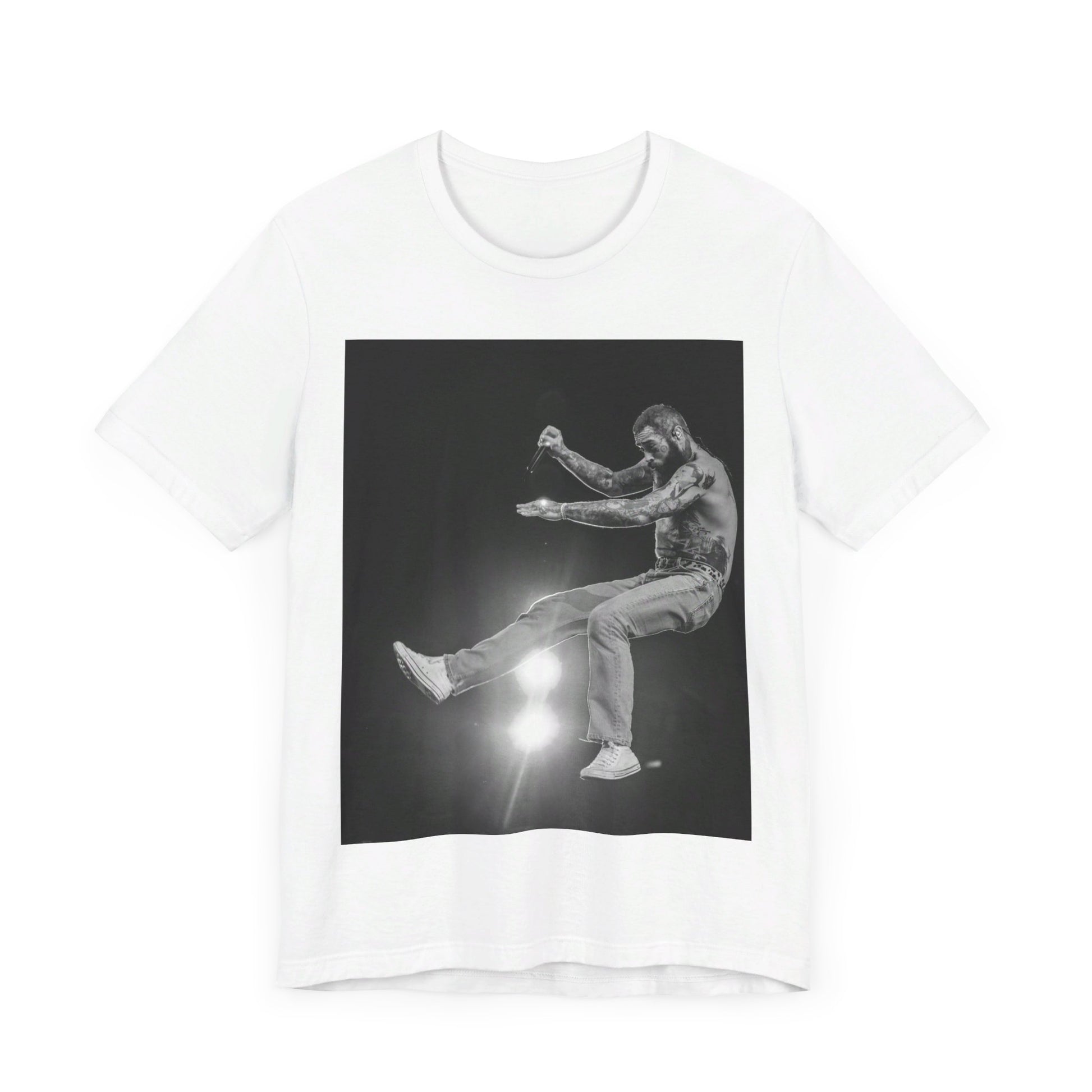 A black graphic t-shirt featuring a vintage graphic or photo of Post Malone performing live.