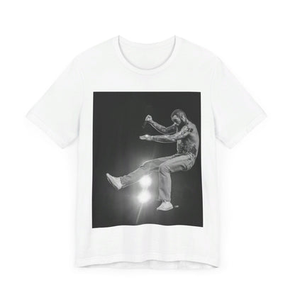 A black graphic t-shirt featuring a vintage graphic or photo of Post Malone performing live.