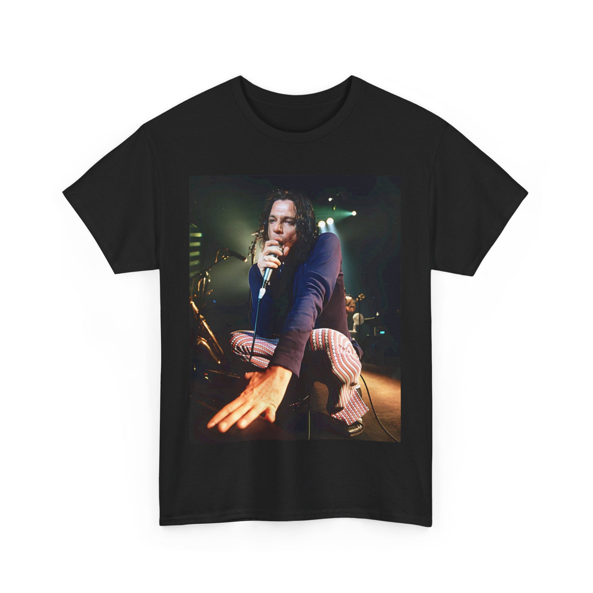 A black graphic t-shirt featuring a graphic related to INXS's 'Elegantly Wasted' album era.