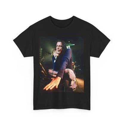 A black graphic t-shirt featuring a graphic related to INXS's 'Elegantly Wasted' album era.