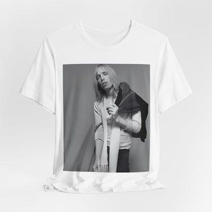 A black graphic t-shirt featuring a modern rock essential graphic of Tom Petty.