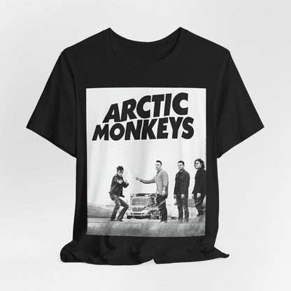 A black graphic t-shirt featuring the Arctic Monkeys logo in black and white.