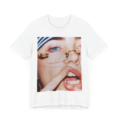 A direct, unfiltered, close-up portrait of Billie Eilish with dark hair looking straight at the camera, printed on a t-shirt.