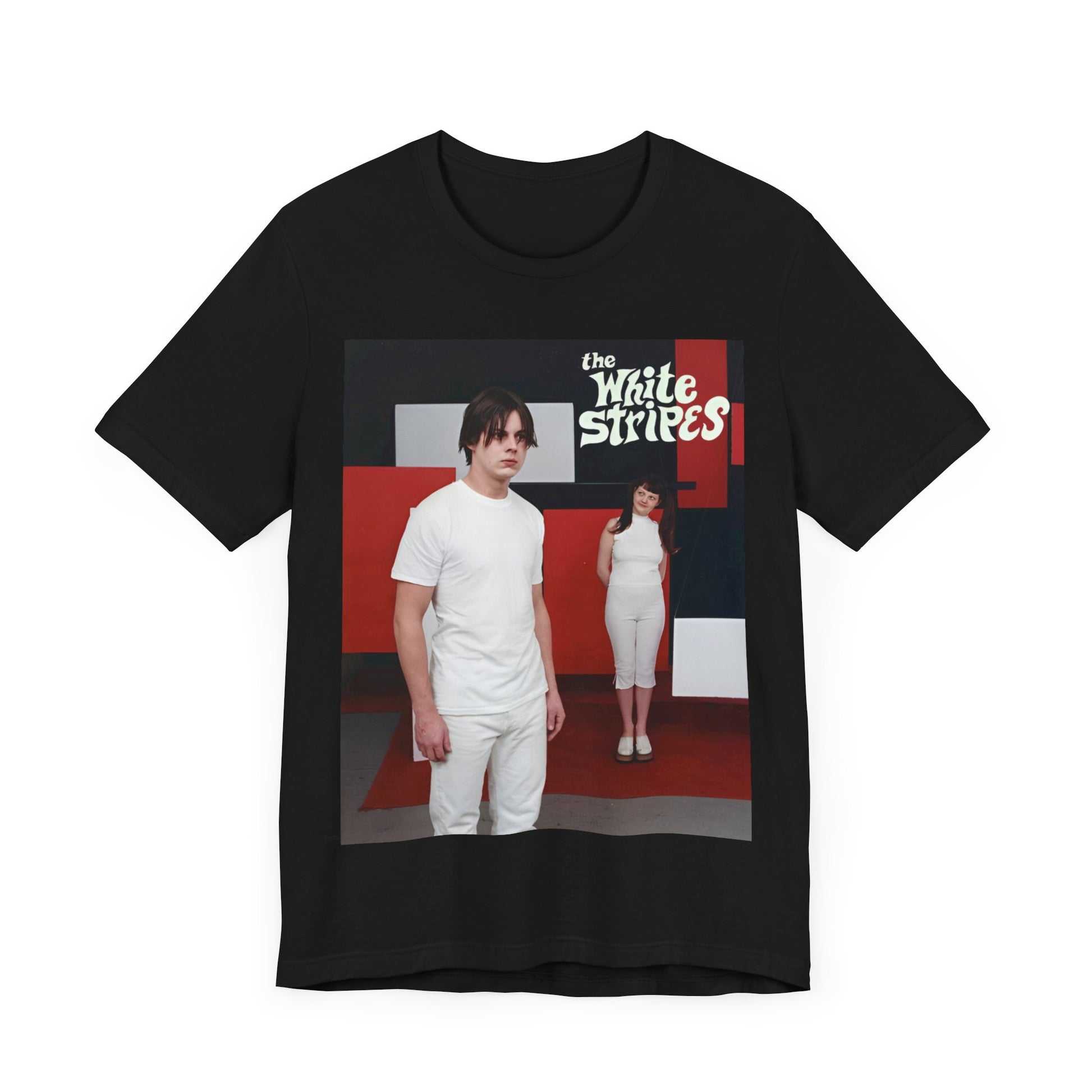 A black graphic t-shirt featuring a red and white aesthetic graphic of The White Stripes.