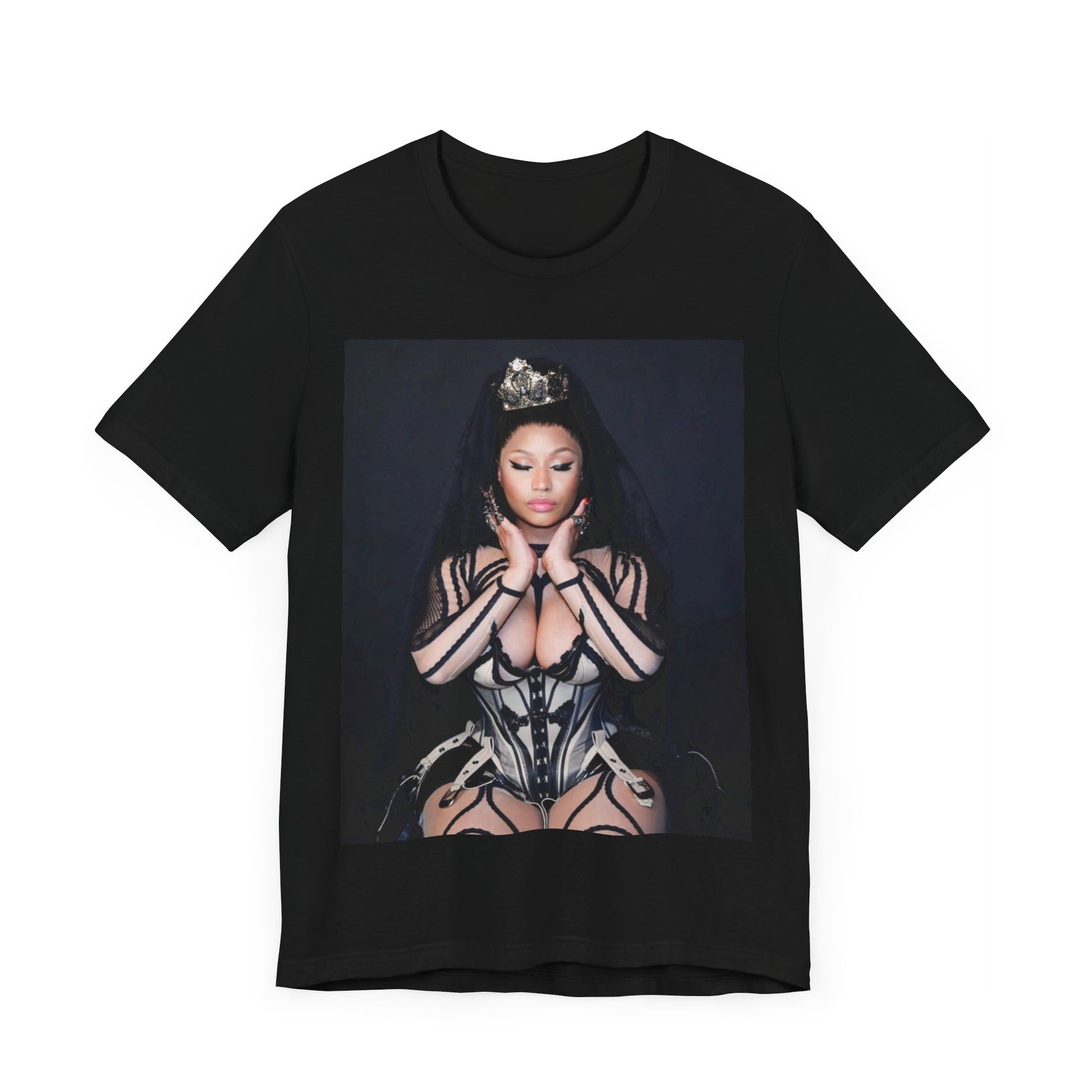 A black graphic t-shirt featuring a vintage graphic of Nicki Minaj as the Queen of Rap.