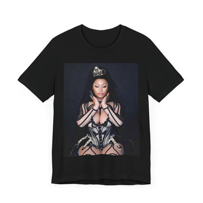 A black graphic t-shirt featuring a vintage graphic of Nicki Minaj as the Queen of Rap.