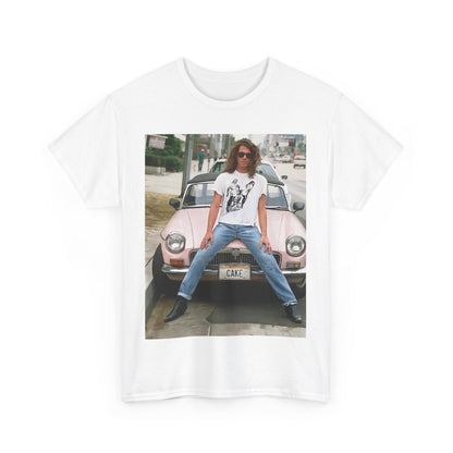 A black graphic t-shirt featuring a vintage photo of INXS band members with a classic car.