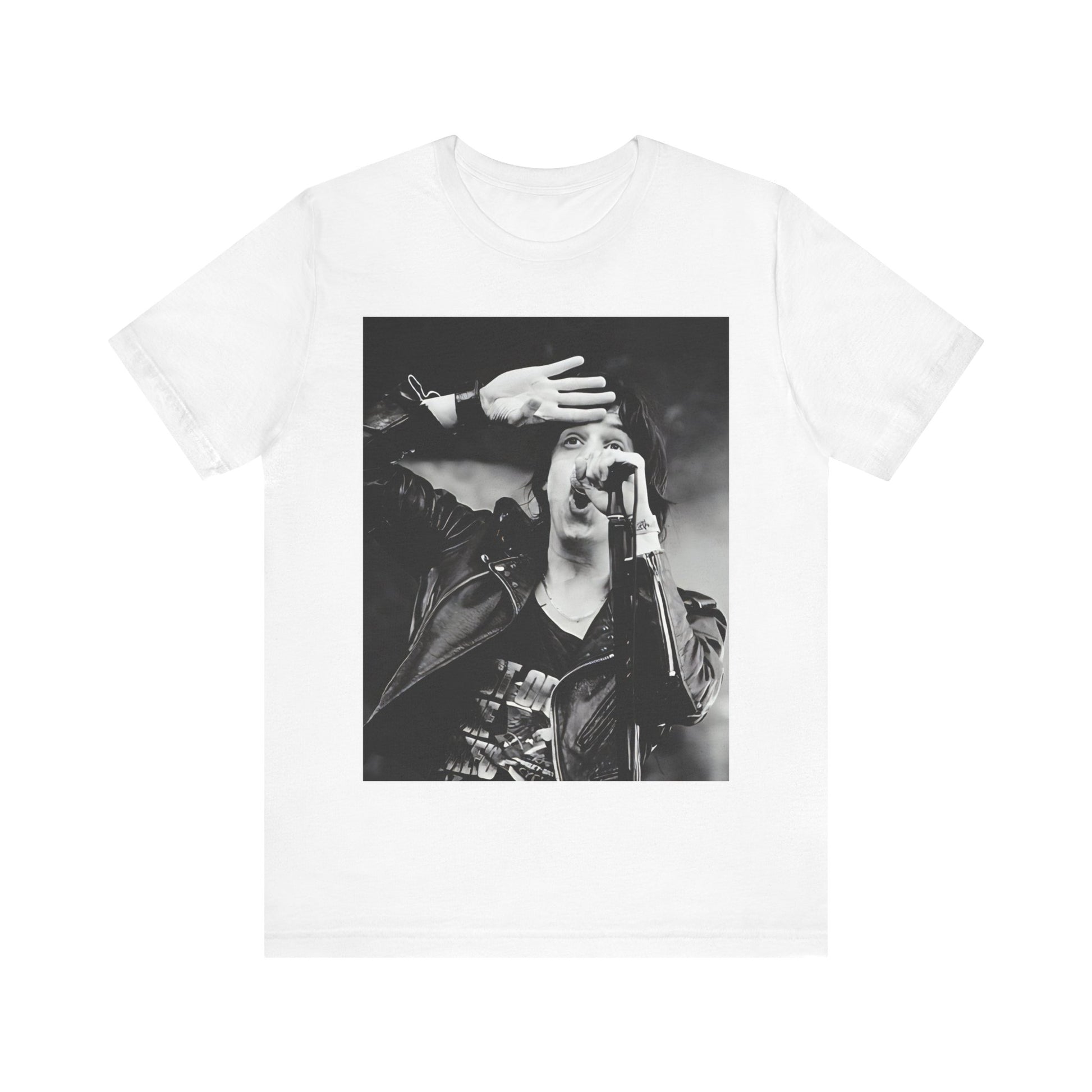 A black graphic t-shirt featuring a black and white portrait photo of The Strokes band.