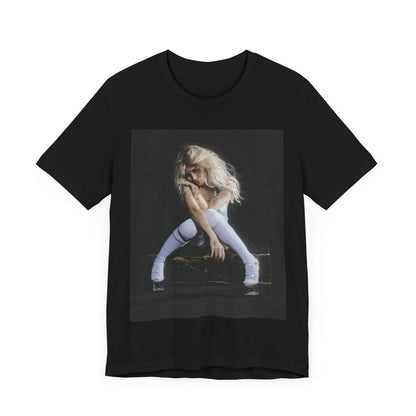 A black graphic t-shirt featuring a graphic of Nessa Barrett with dark pop vibes aesthetic.