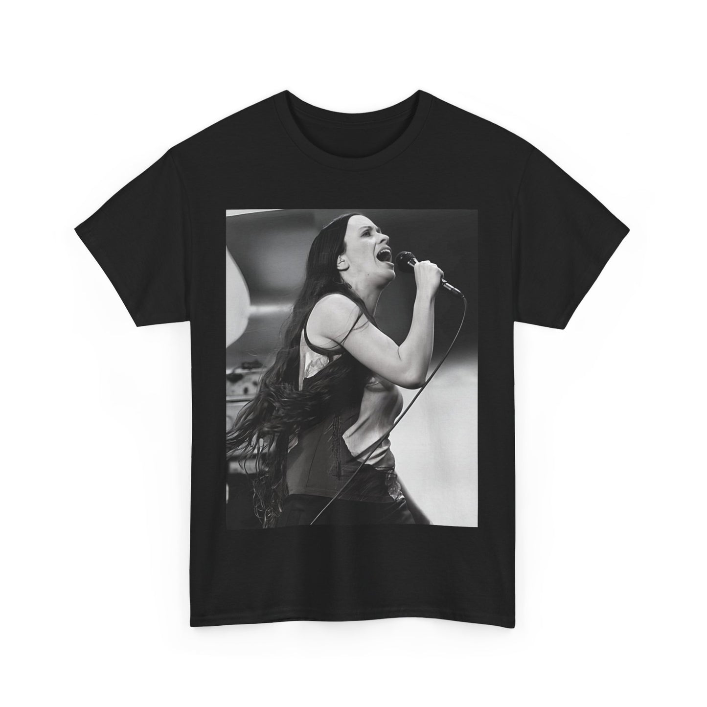 A black graphic t-shirt featuring a concert graphic for Alanis Morissette's 'Jagged Little Pill' Tour from 1995, with tour branding.