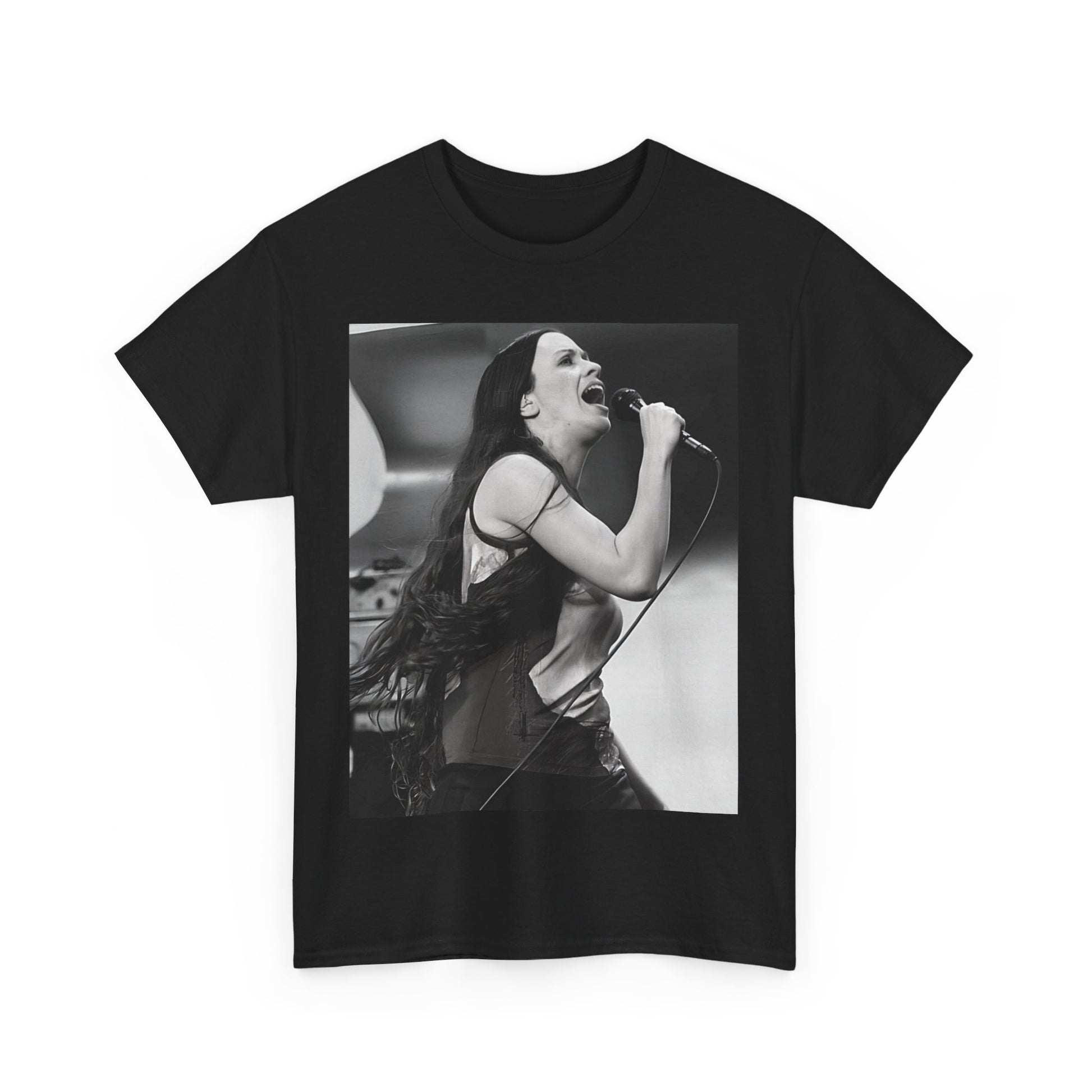 A black graphic t-shirt featuring a concert graphic for Alanis Morissette's 'Jagged Little Pill' Tour from 1995, with tour branding.