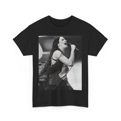 A black graphic t-shirt featuring a concert graphic for Alanis Morissette's 'Jagged Little Pill' Tour from 1995, with tour branding.