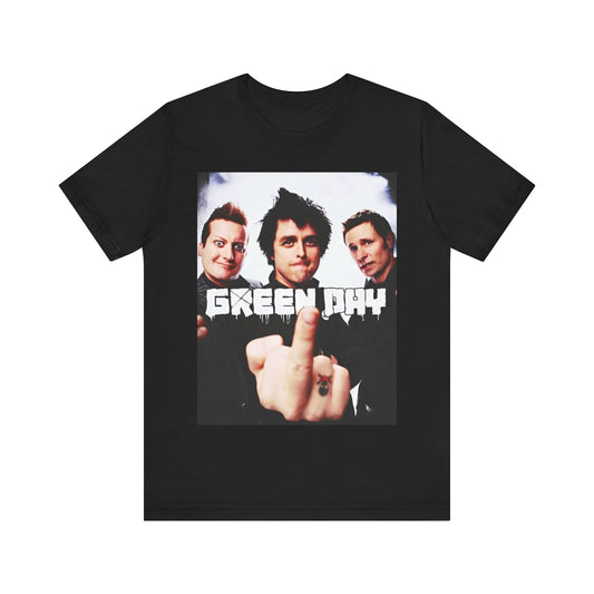 A black graphic t-shirt featuring an underground rock graphic of Green Day.