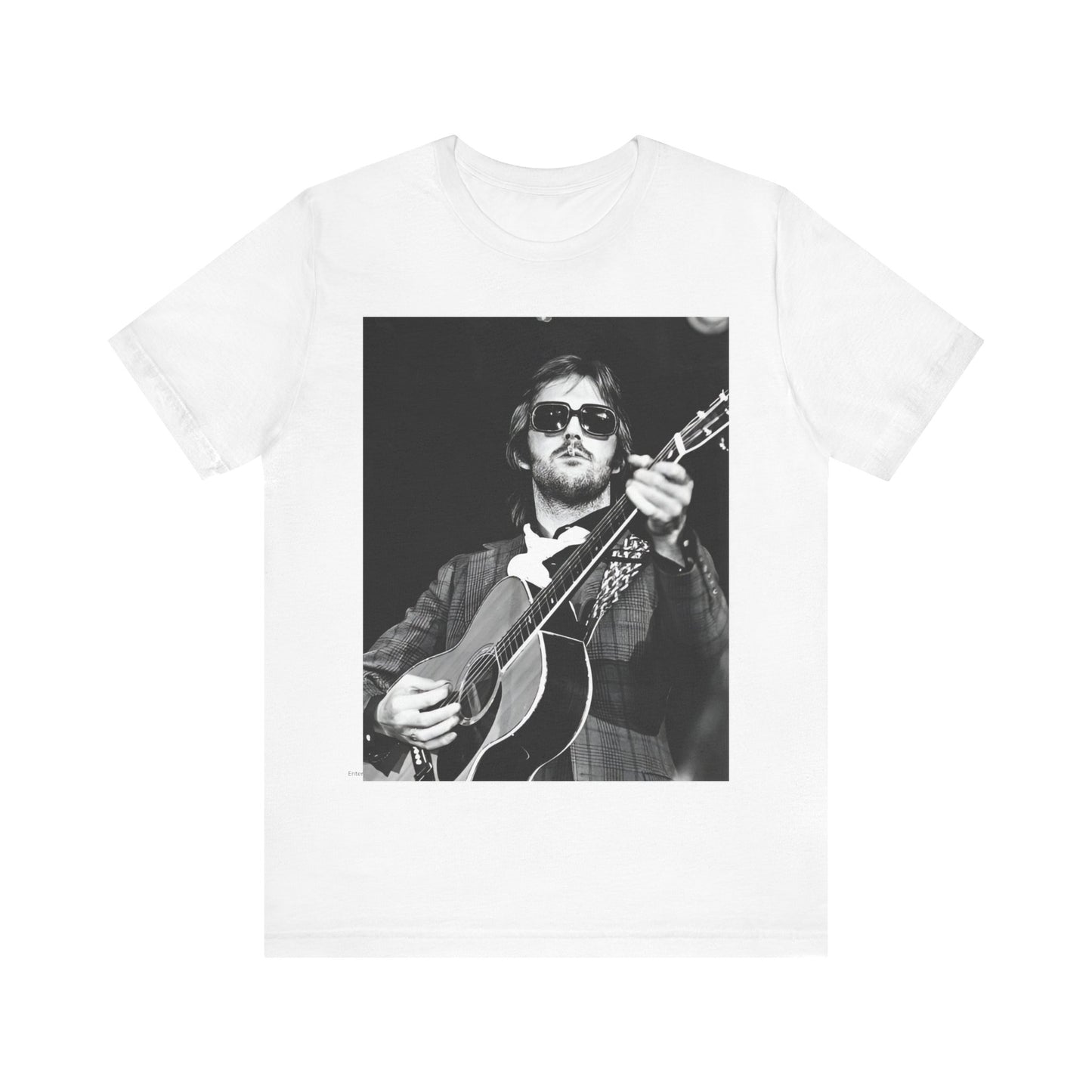 A black graphic t-shirt featuring a graphic of Eric Clapton with a chill blues rock vibe.