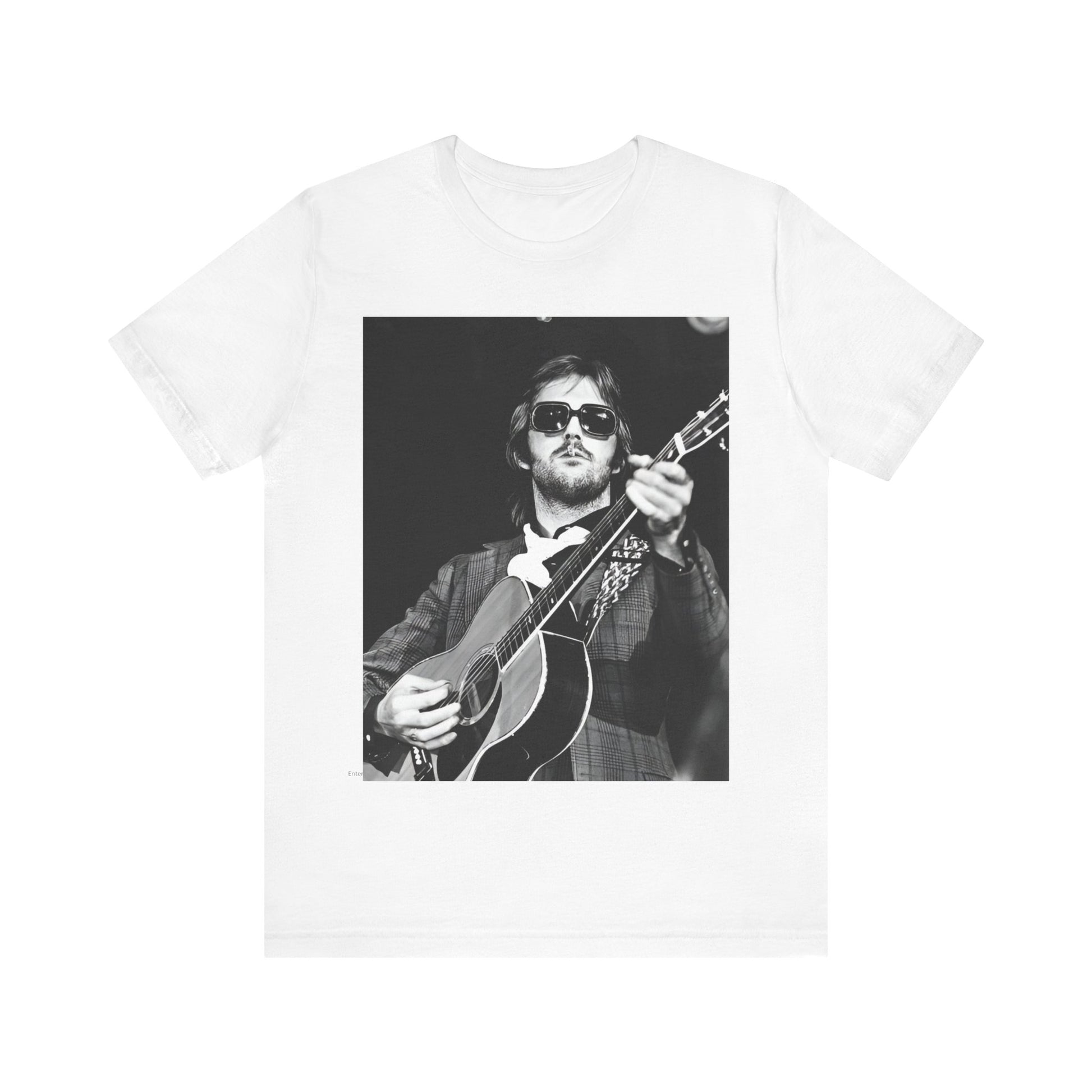 A black graphic t-shirt featuring a graphic of Eric Clapton with a chill blues rock vibe.