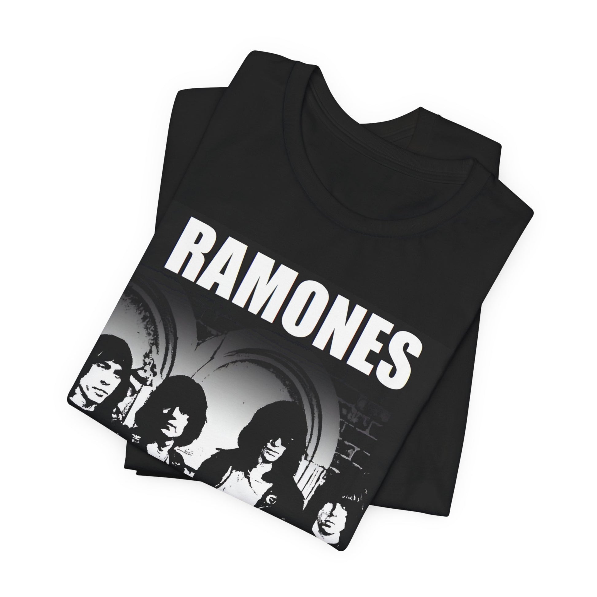 A black graphic t-shirt featuring a graphic of the Ramones as punk rock pioneers.