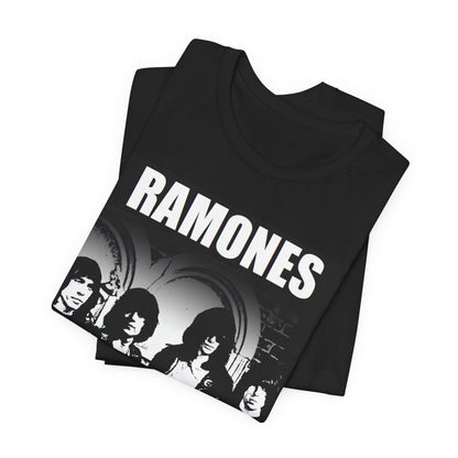A black graphic t-shirt featuring a graphic of the Ramones as punk rock pioneers.