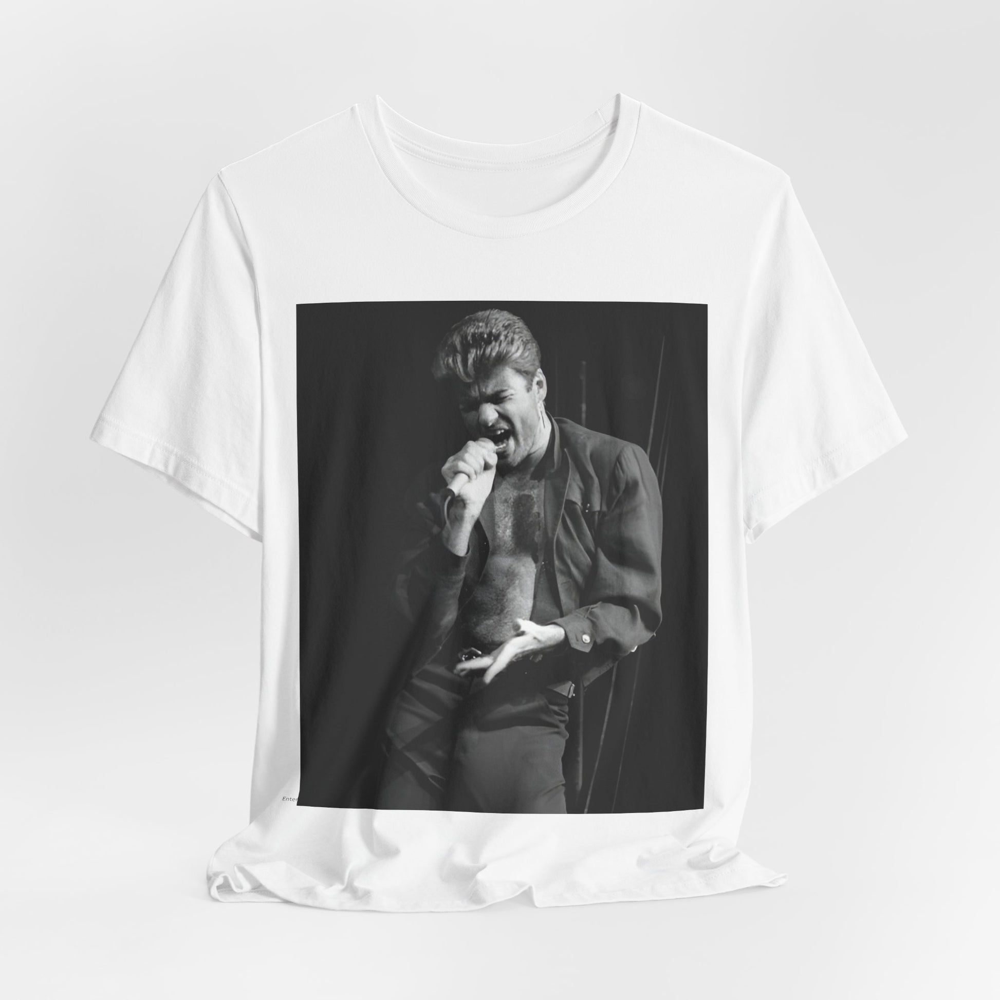 A black graphic t-shirt featuring a glamorous photo or graphic of George Michael performing live.