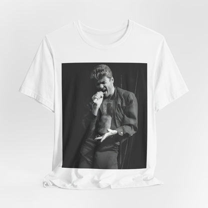A black graphic t-shirt featuring a glamorous photo or graphic of George Michael performing live.