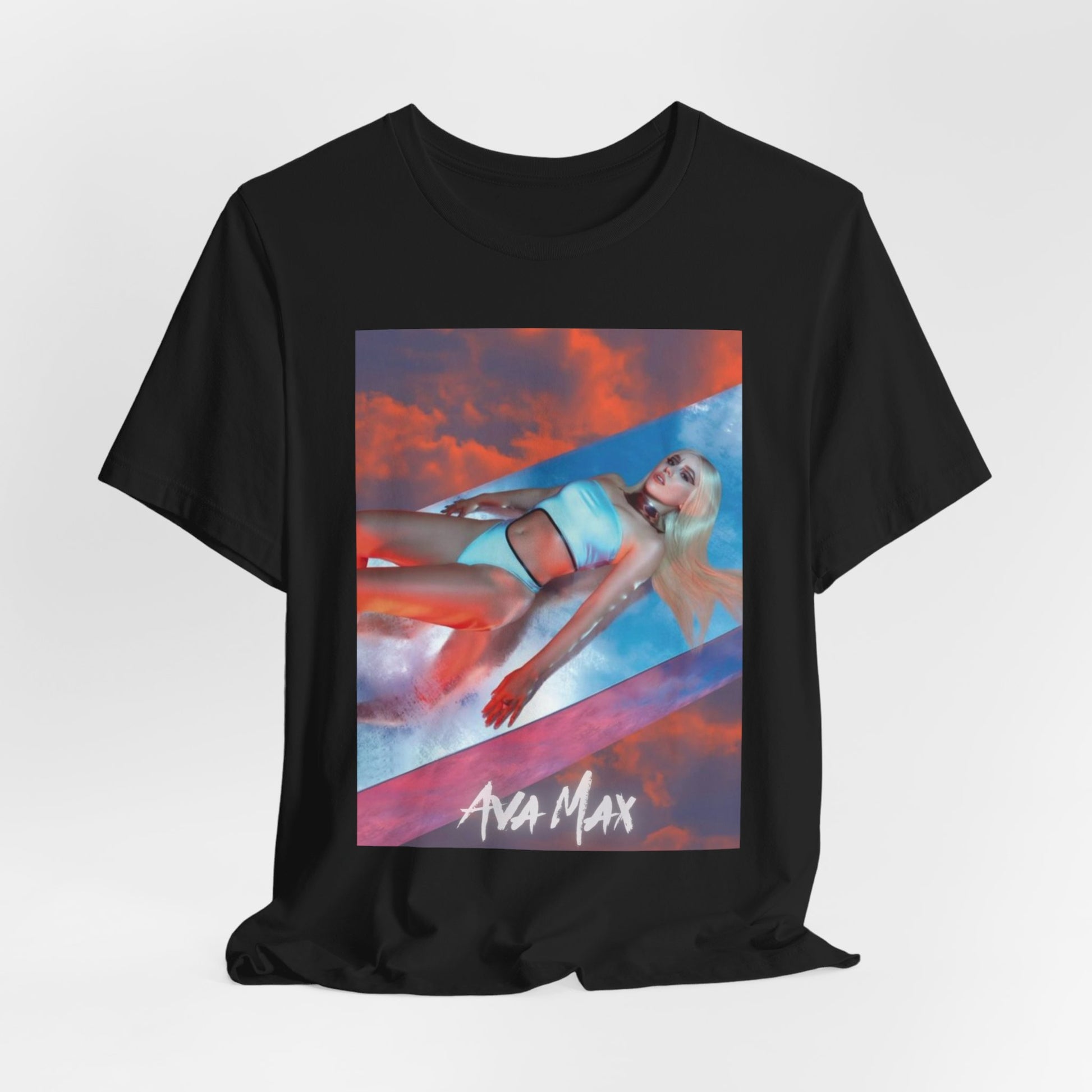 A black graphic t-shirt featuring a neon pop art style graphic of Ava Max, with bright, glowing colors.